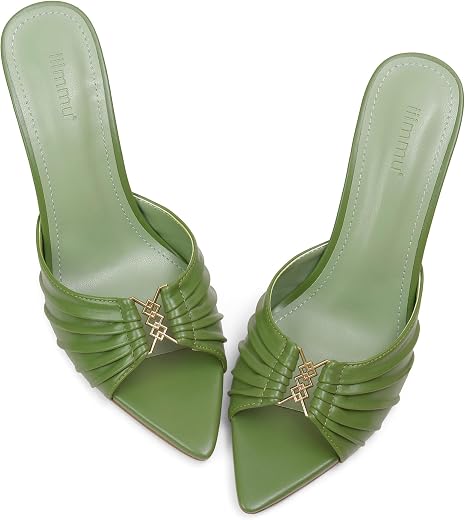 iiimmu 3.5 IN Stiletto Mules High Heels with Pointed Peep Toe Heeled Sandals Faux Leather