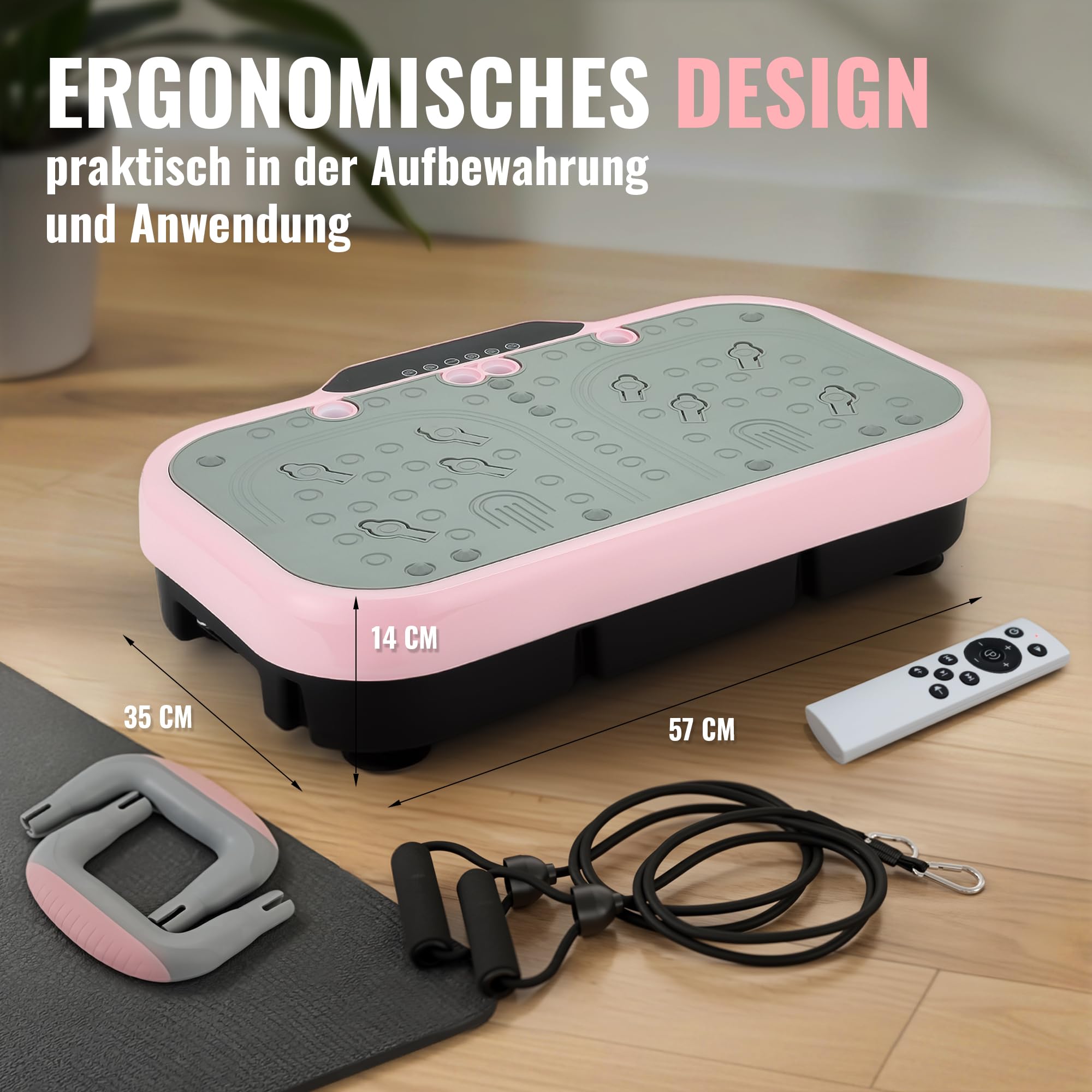 Vibrationsplatte für Körpertraining & Fußmassage mit Liegestützgriffen - Massagegerät mit 200 Stufen, Bluetooth & LED Display, Balance Board incl. Fernbedienung & Bändern für Fitness