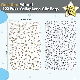 COQOFA 200 Pcs Star Printed 6X10 Gift Wrap Cello Cellophane Treat Bags Party Favor bags Clear Candy Cookie Bags Plastic Poly Goodie Storage Bags with Twist Ties for Bakery,Birthday, Wedding ,Party Decorations (Gold)