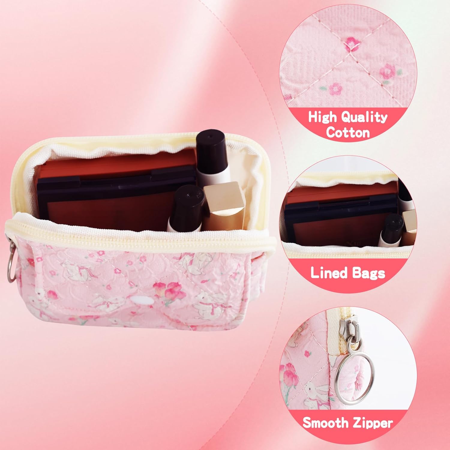 Coin Purse Cute Pink Wallet Cotton Quilted Coin Pouch Small Floral Change Purse Small Cosmetic Bag with Zipper Cartoon Rabbit Earphone Purse Key Holder Birthday Gifts for Women Teen Girls - Image 3