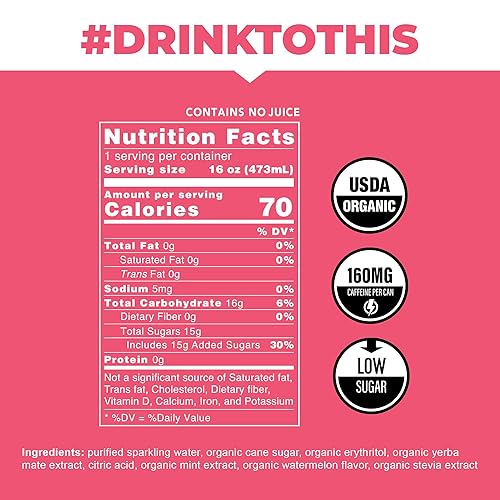 Miniatura 3 de Gaseosa de yerba mate de sandía y menta orgánica baja en calorías y azúcar 160 mg de cafeína latas de 16 onzas paquete de 12 unidades  CLEAN Cause