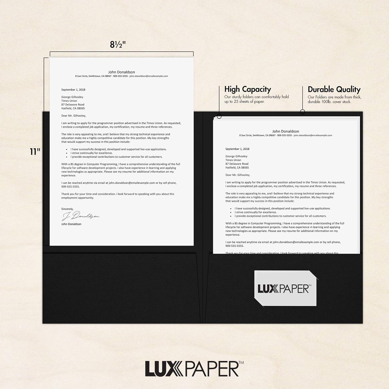 LUXPaper 9" x 12" Presentation Folders | Two Pocket | Black Linen | 100lb. Cover | 50 Qty