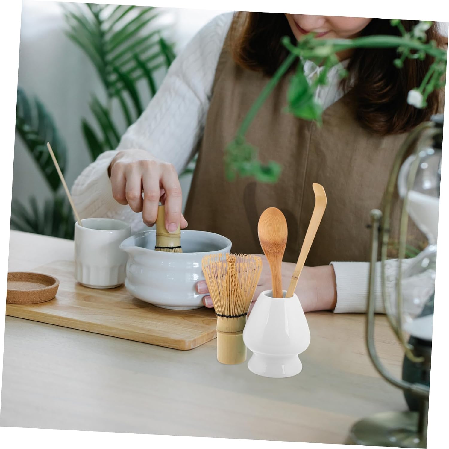 Cabilock 4-Piece Matcha Preparation Set Bamboo Whisk Matcha Tea Scoop Whisk Stand and Brush for Authentic Japanese Tea Ceremony