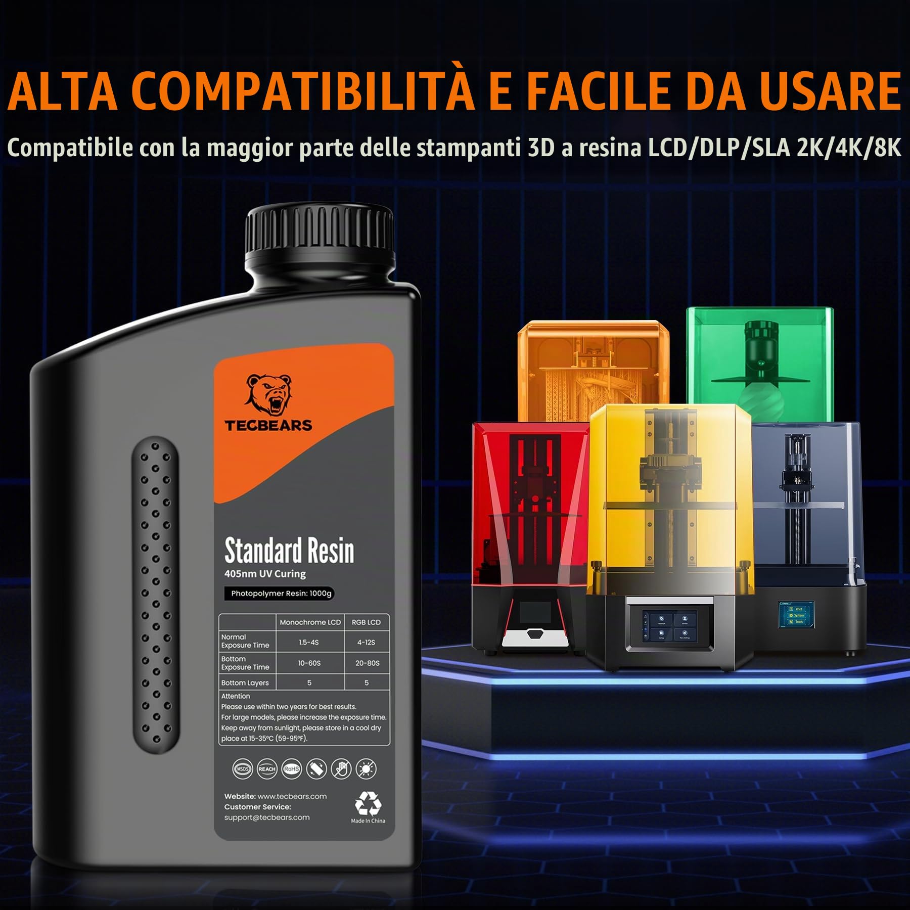 TECBEARS Resine Standard Stampante 3D Grigio 2KG, Alta Precisione, Eccellente Fluidità e Bassa Contrazione Resina UV 405 nm per Stampanti 3D LCD/DLP/SLA