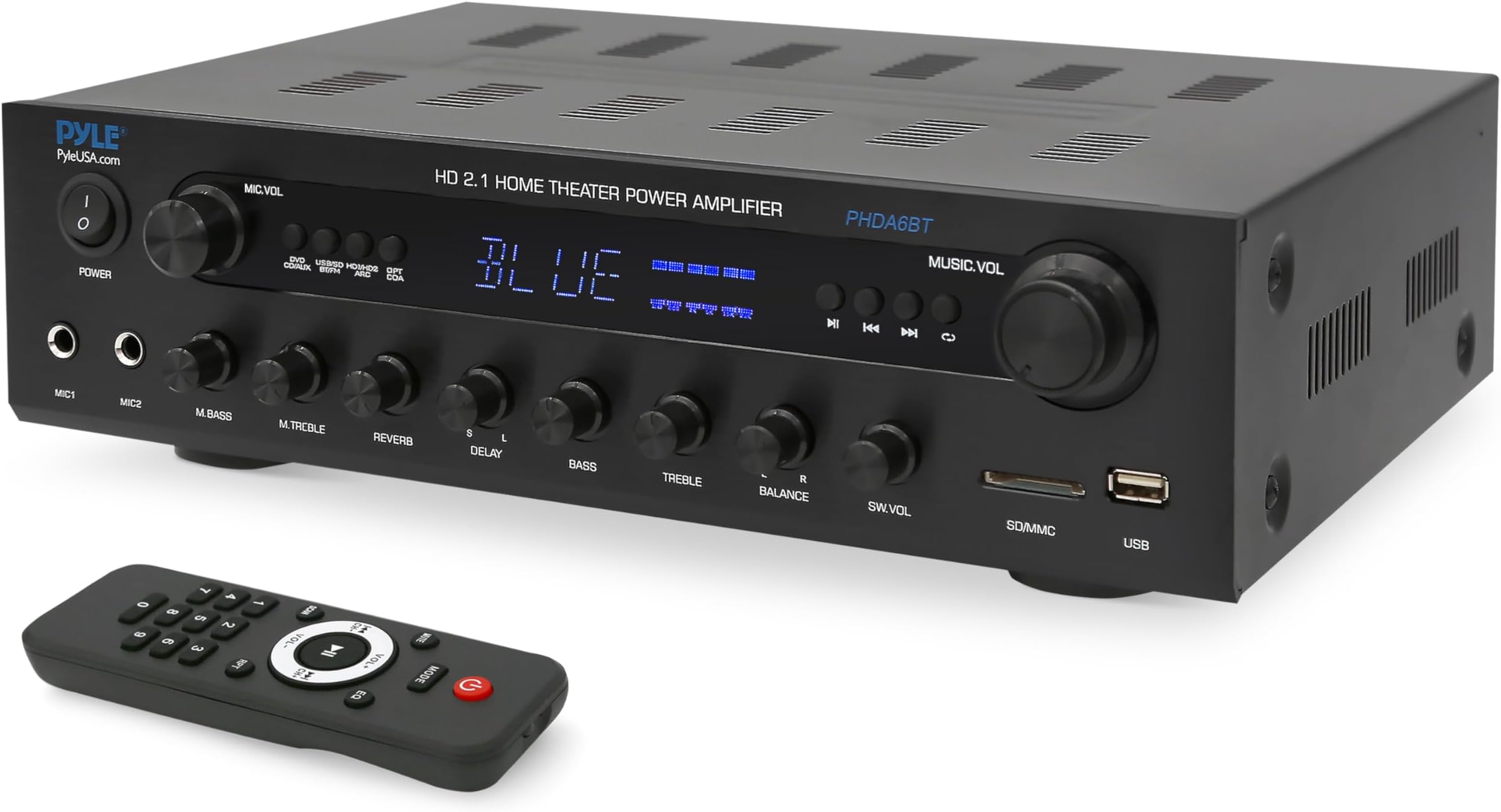 Pyle 400W Karaoke Home Theater Receiver - Bluetooth Home Audio Amplifier with Echo and Delay Effects, Subwoofer out, USB/SD Readers, FM Radio, 3.5mm Aux, Phono, Optical & Coaxial Inputs, 2x Mic Inputs