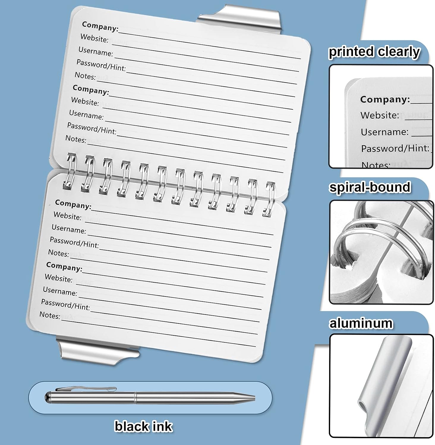 2 Pieces Portable Password Book Password Organizer Notebook Password Keeper Spiral Bound Notebook with Pen Elegant Password Logbook for Password Information (Black-White Style)