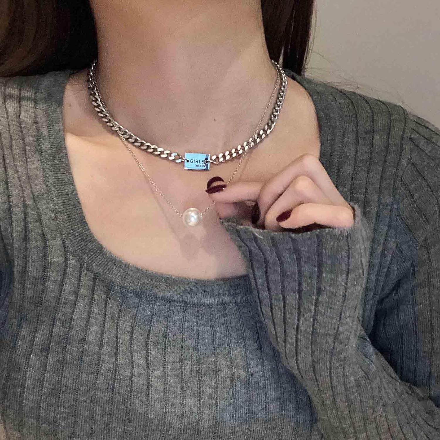 Boho Layered Square Choker Necklace Vintage Square Chunky Chain Necklace Silver Pearl Pendant Necklace Geometric Square Chain Necklace Jewelry for Women - Image 5