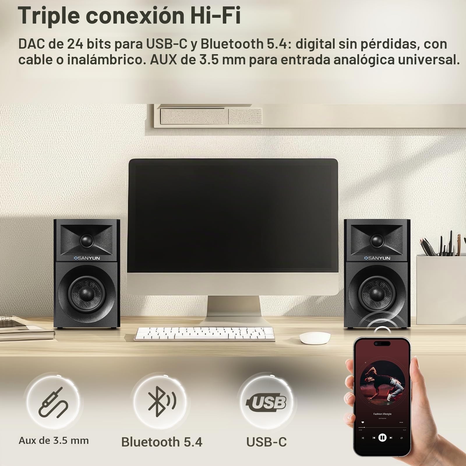 Sanyun SW203 Altavoces PC 2.0 3”, Campo Estéreo Ampliado, Triple-DSP