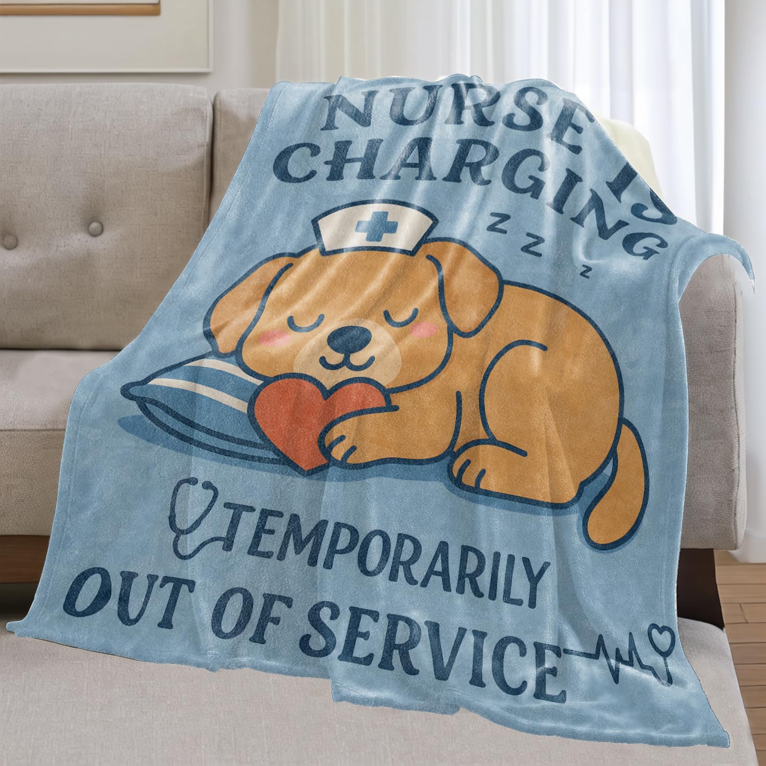 Cute Nurse Theme Dog Flannel Blanket Funny Gifts for Nurses,60x50inch,Cartoon Puppy Sleeping Throw Blankets with Heart and Cap,for Hospital,Bedroom,Couch Nap,Living Room,Birthday Decor Throws - Image 2