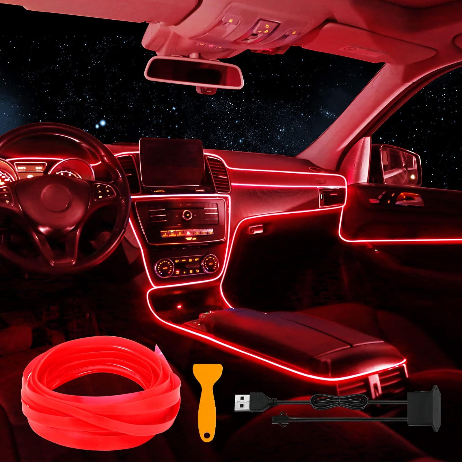 EL Wire Car LED Interior Strip Light, USB Neon Lights with 6mm Sewing Edge - 197 inches Glowing Electroluminescent (EL) Wire, Ambient Lighting Kit for Car Decorations (5M/16.5FT, Red)