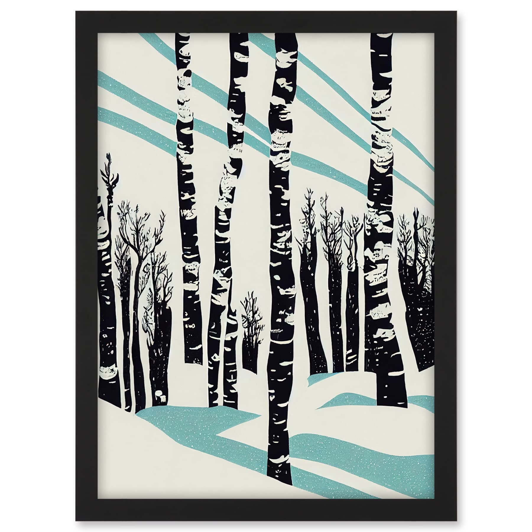 Wee Blue Coo Modern Birch Tree Forest in Winter Modern Stencil Design Monochrome and Teal Artwork Framed A3 Wall Art Print