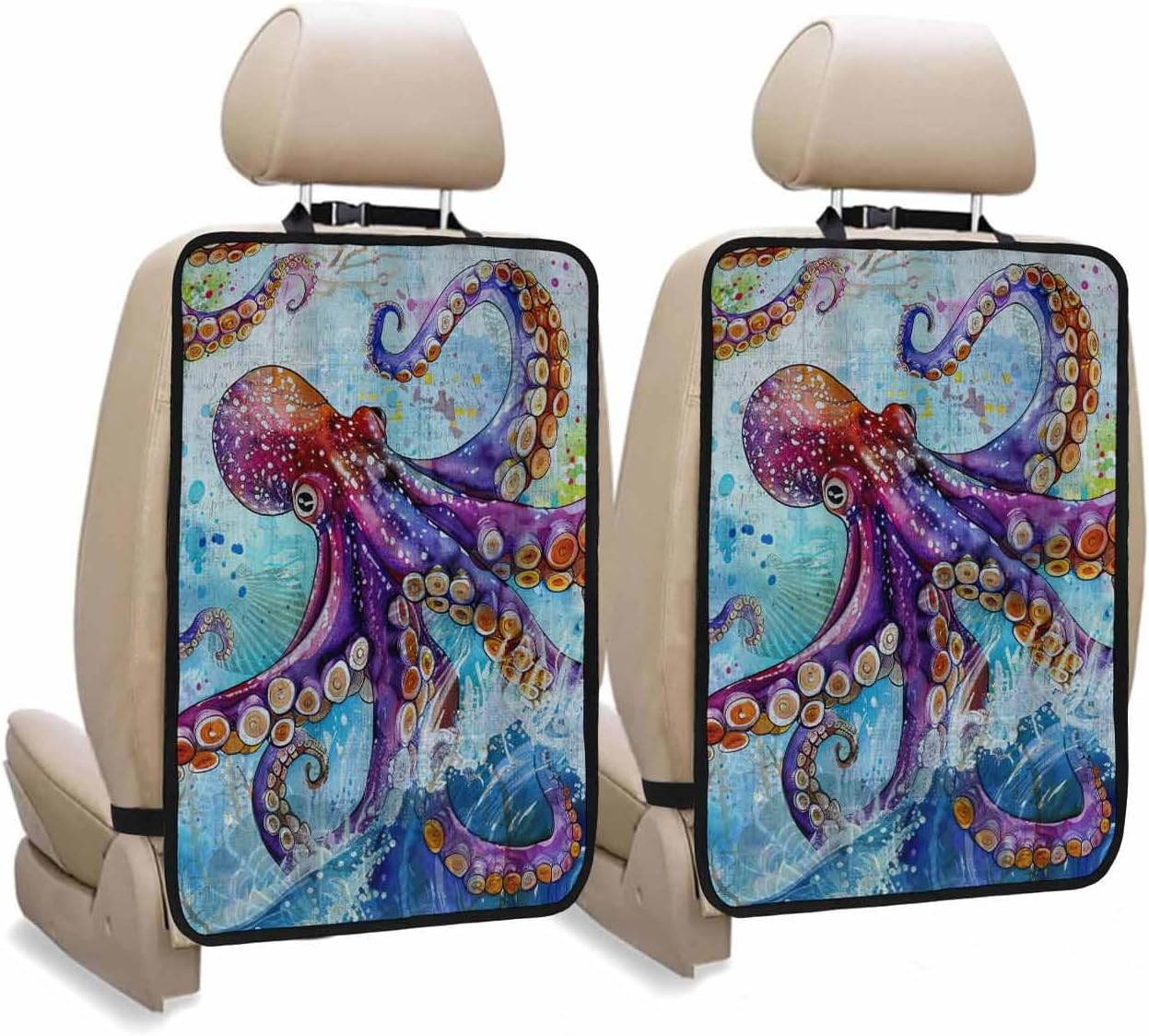 T&H XHome Car Seat Protector, 2 Pack Kick Mats Back Seat Protector Watercolor Summer Ocean Octopus Blue Waterproof Backseat Cover for Kids Universal Fit Automotive Interior Protectors