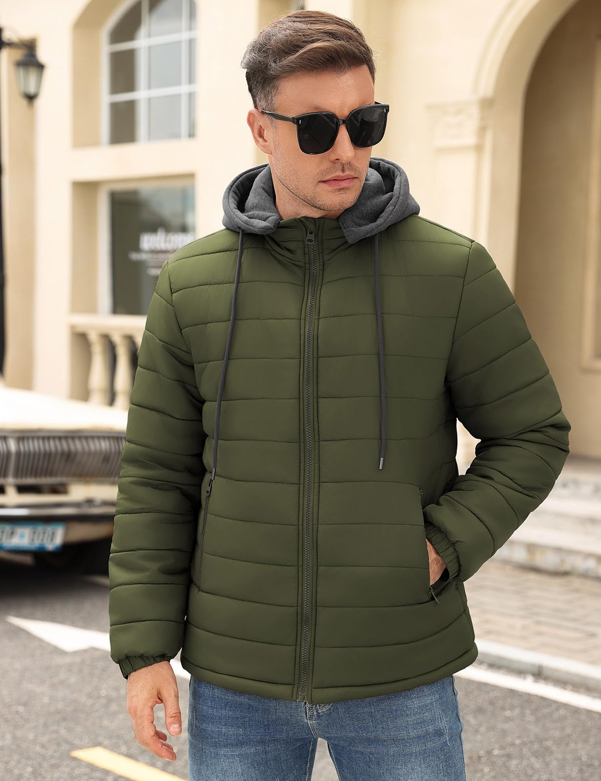 Xnova Chaqueta Acolchada Hombre Invierno Ligera Impermeable Cazadoras Entretiempo con Cremallera Chaquetas Softshell de Plumas Plumiferos Sudadera con Capucha Desmontable