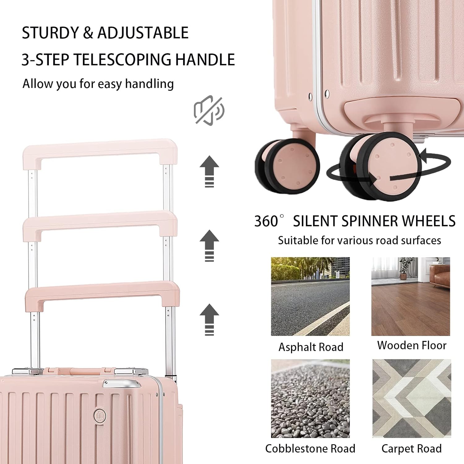 Somago Aluminum Frame 18" Carry On Luggage Wide Handle Suitcase Built-In Double TSA Lock Hardside Lightweight PC Travel Suitcase with Spinner Wheels,Pink