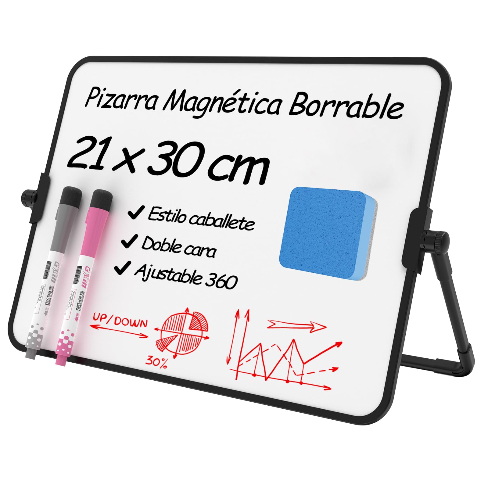 NEWYES Pizarra Blanca A4, Pizarra Magnetica de Doble Cara con Soporte Ajustable, 2 Marcadores de Colores + 1 Borrador, Adecuado para el Hogar, Oficina, Escuela, Cocina