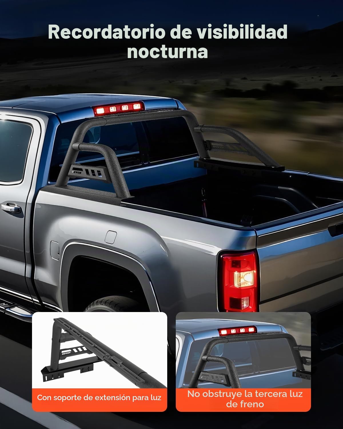 VEVOR Barra Antivuelco para Caja de Camioneta de Acero al Carbono Portaequipajes Universal Ajustable para Camionetas de Tamaño Mediano con Soporte de Luz Extensible, Portaequipajes No Incluido