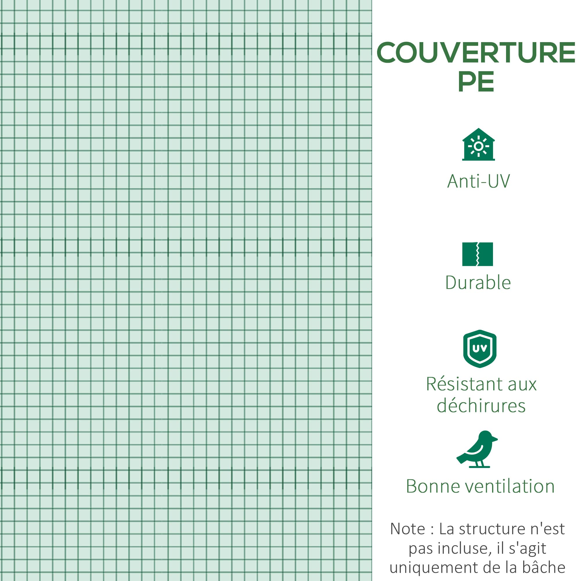 Outsunny Bâche de Rechange Serre Tunnel 6 m², bâche 3 x 2 x 2 m PE Anti-UV imperméable 6 fenêtres + Porte Enroulable zippée Vert