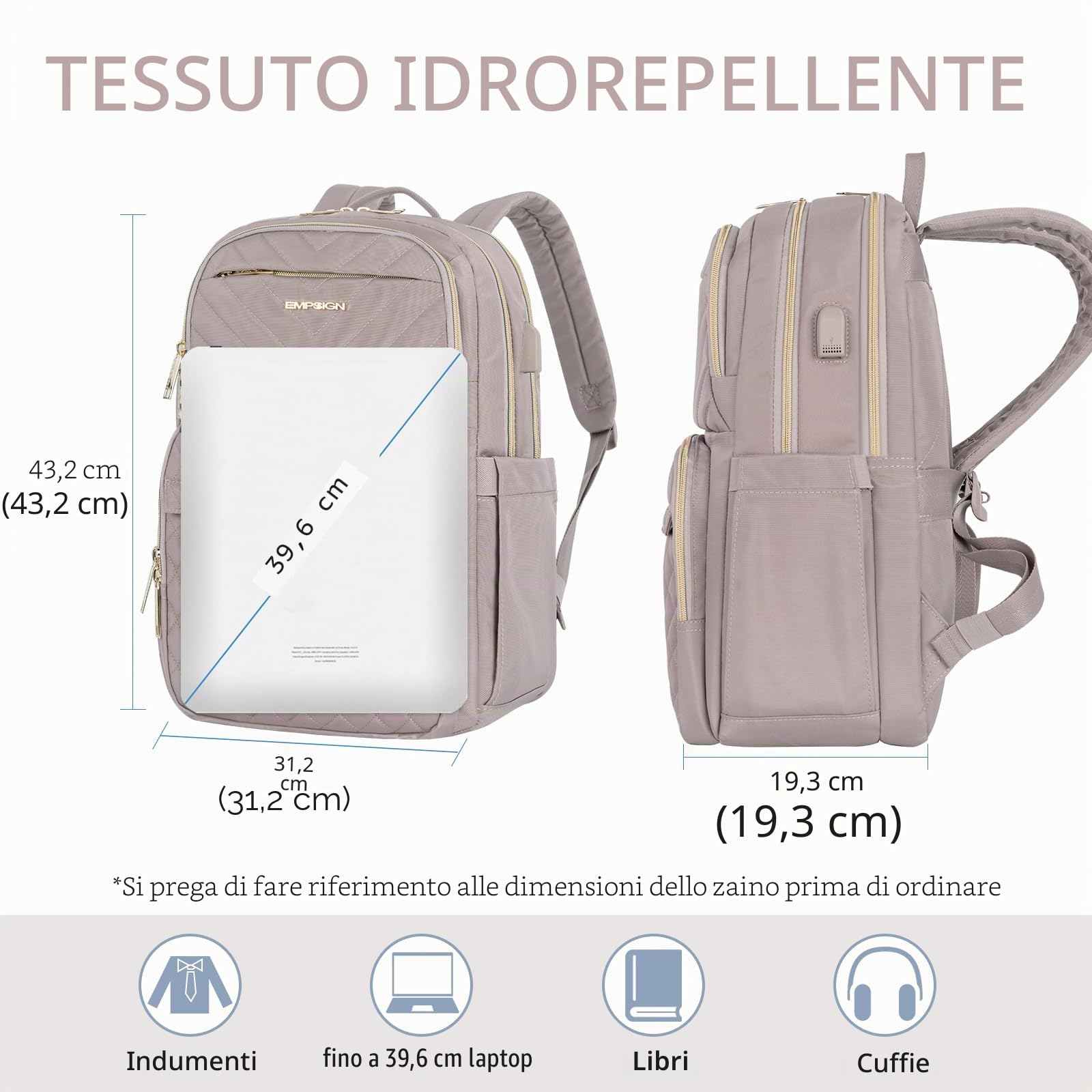 EMPSIGN Zaino Donna 15,6 Pollici con Porta USB, Impermeabile per Scuola, Università, Lavoro, Viaggio e Tempo Libero, Rosa