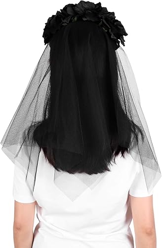 Miniatura 6 de HAOZAIKEJI Halloween Fantasma Novia Velo Floral Corona Tocado Muerto Zombie Headwear Bruja Negro Encaje Corona Fiesta Fantasía
