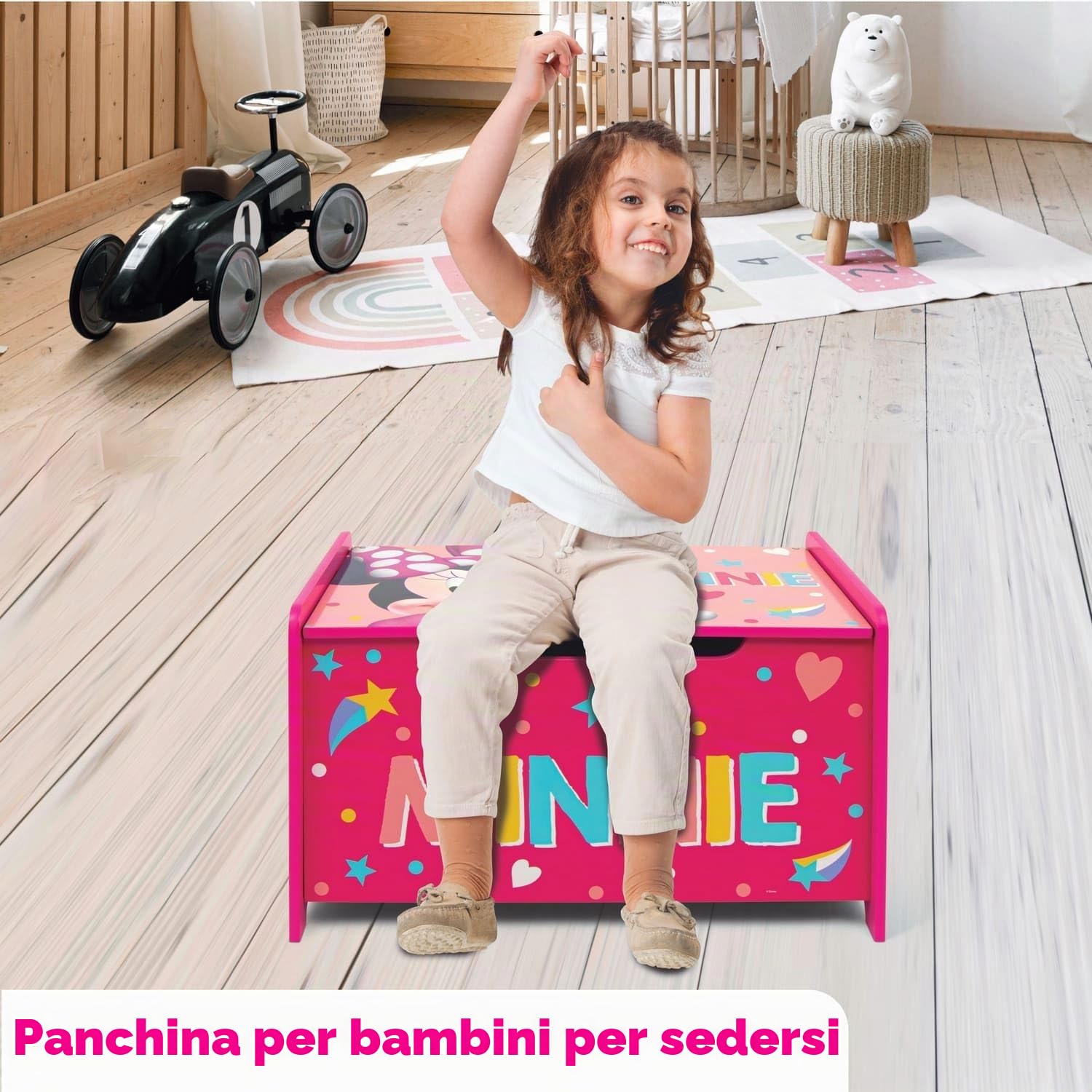 ARDITEX - Cassapanca in legno di Minnie Mouse (di Disney) - 62,5x40x37cm - Colore rosa e bianco - Ideale per riporre giocattoli, vestiti o oggetti in una cameretta per bambini