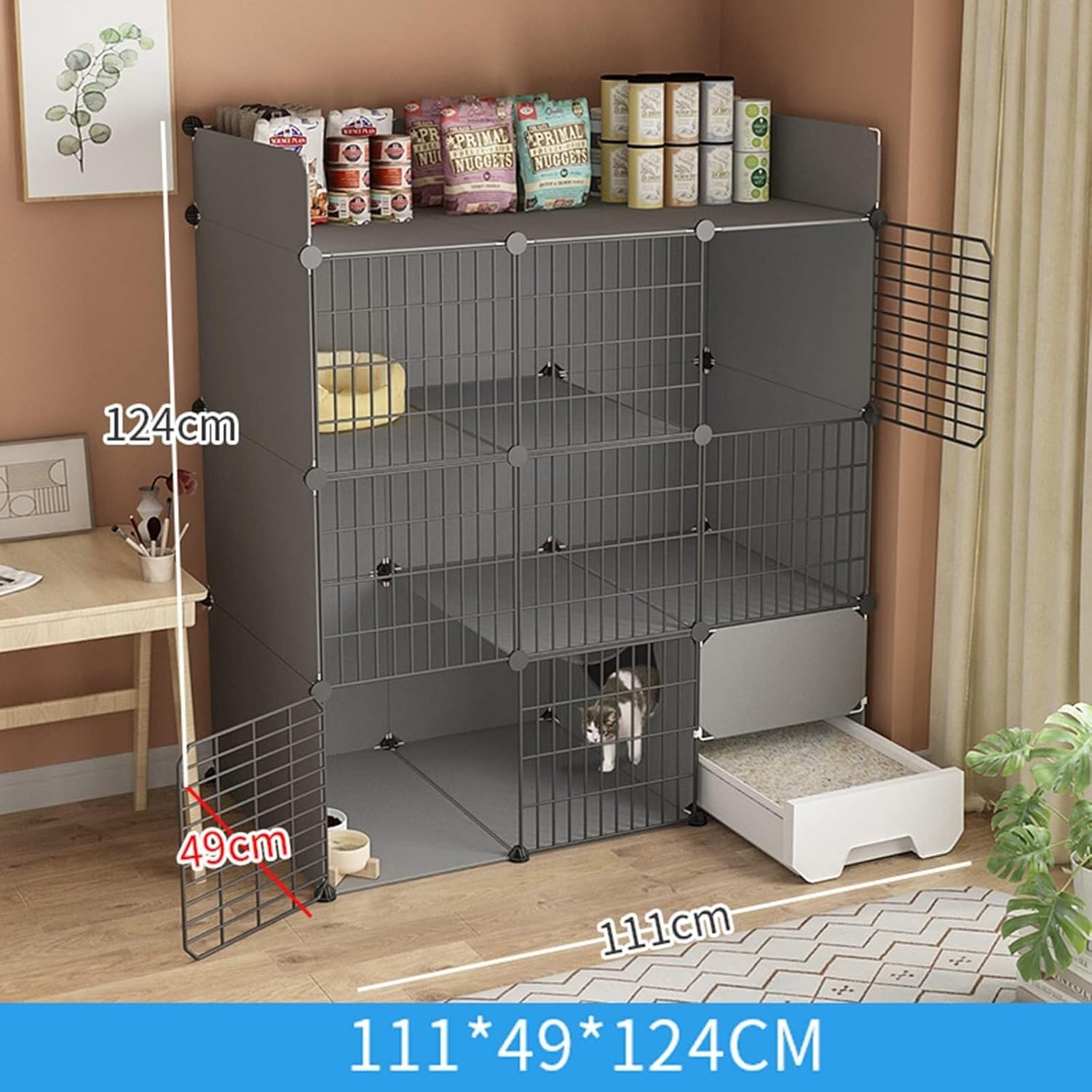 Collapsible Indoor Cat Cage with Litter Box, Portable DIY Kitten Playpen for Small Animals, Sturdy Metal Cage for 1-2 Cats(111 * 49 * 124cm-A)