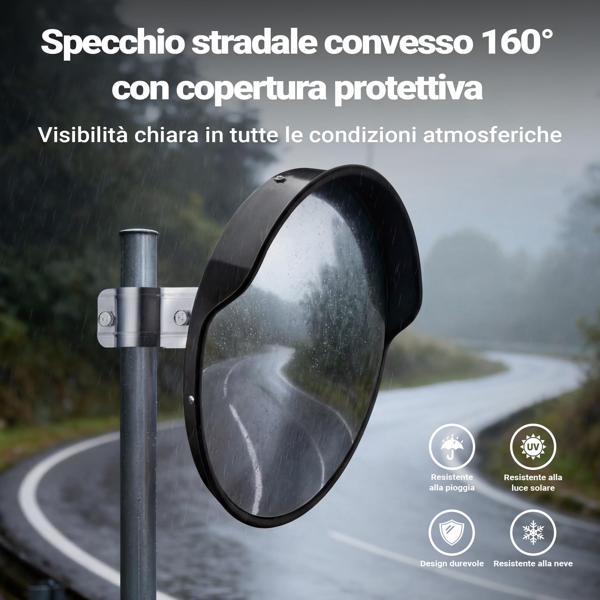 Wiltec Specchio stradale convesso 60 cm con bordo di protezione nero, specchio parabolico rotondo con campo visivo di 130°, per manovre all'esterno, materiale di montaggio incluso
