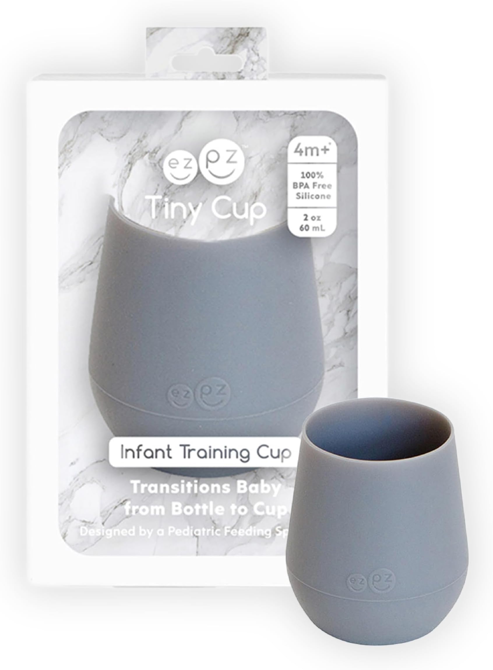 Tiny Cup - 2oz/60ml Baby Weaning Cup - 100% Silicone Training Cup For Infants - BPA Free, Ideal Transition Design for little hands to Drink - 4 Months+ (Grey)
