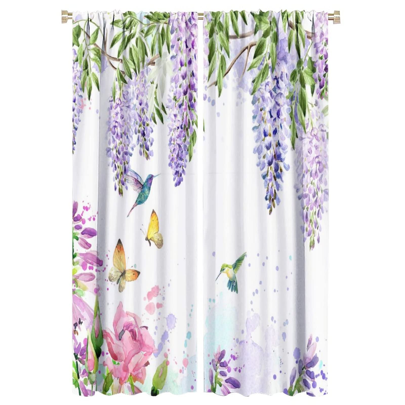 INSFBRB Watercolor Floral Blackout Curtains for Living Room,Modern Purple Flower Vine Green Leaves Butterfly Hummingbird Window Drapes - Thermal