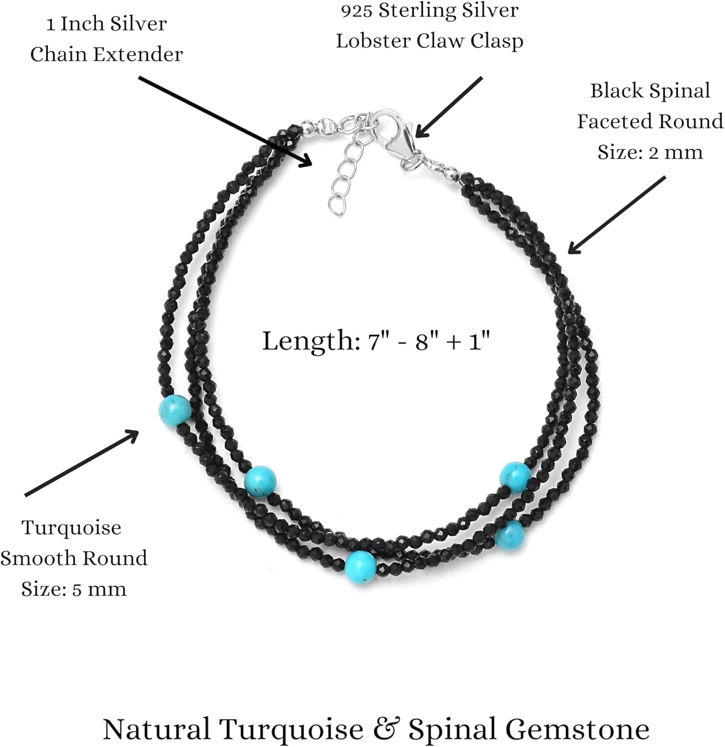 A&M GEMS & JEWELS Natural Black Spinel Faceted And Turquoise Smooth Round Silver Clasp Handmade Healing Beaded Bracelet Jewelry