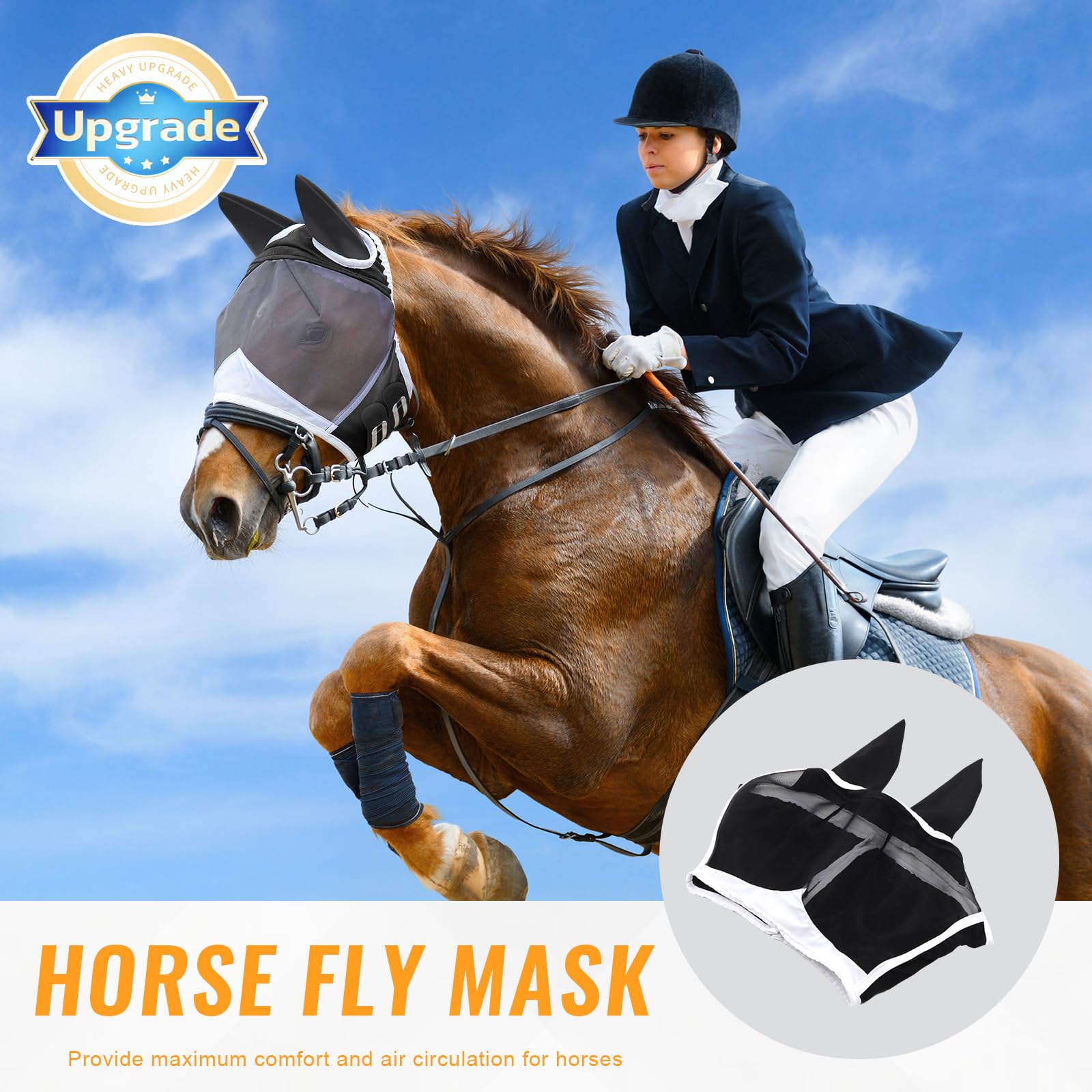 Gloryit Maschera Mosche Cavallo con Orecchie, Rete Traspirante Anti-UV, Antizanzare (M)