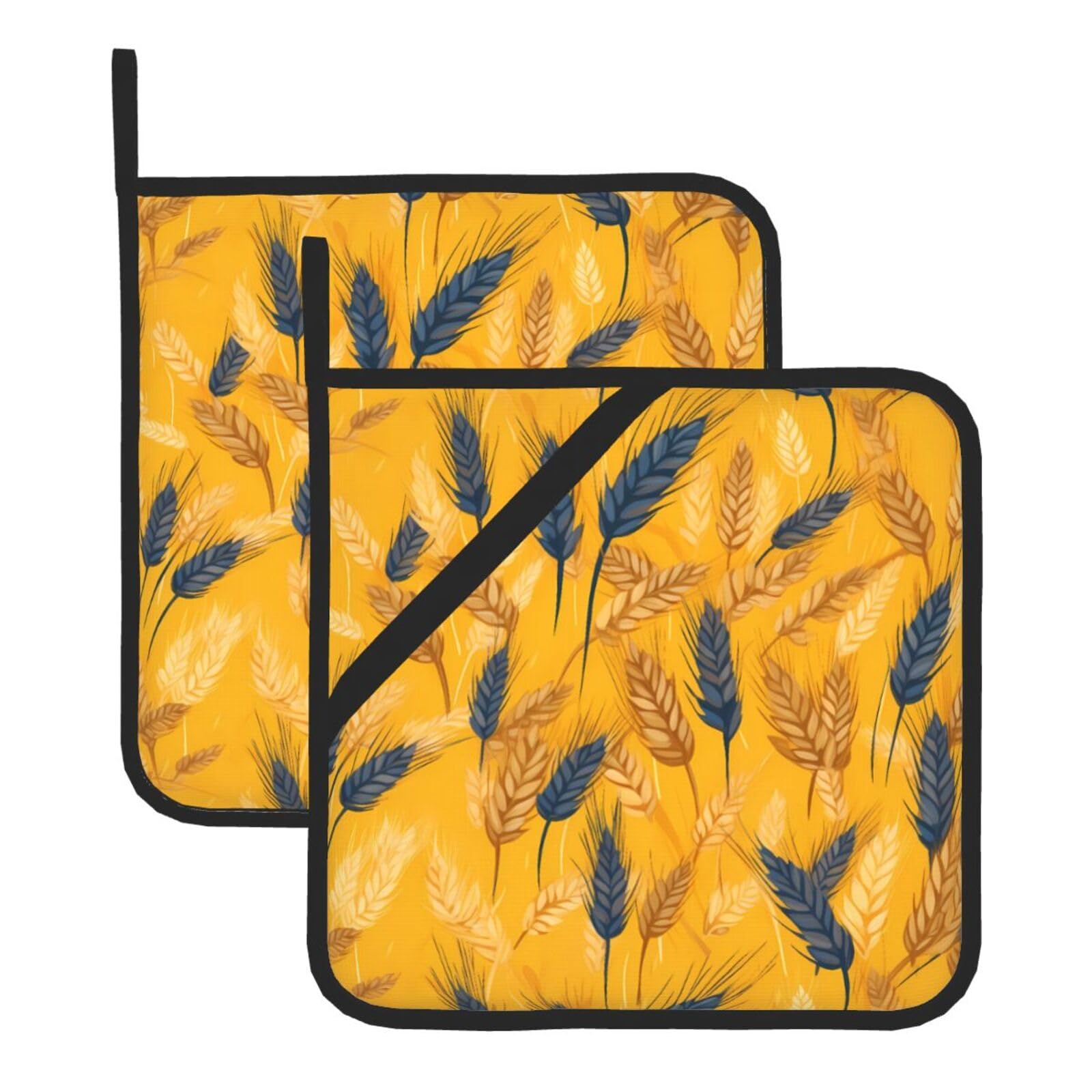 HJFCZH Wheat Field Printed Square Insulated Pot Mat Set (2-Piece) 8x8in Waterproof, Thickened & Easy to Clean with Lanyard Design for Kitchen, Oven & BBQ