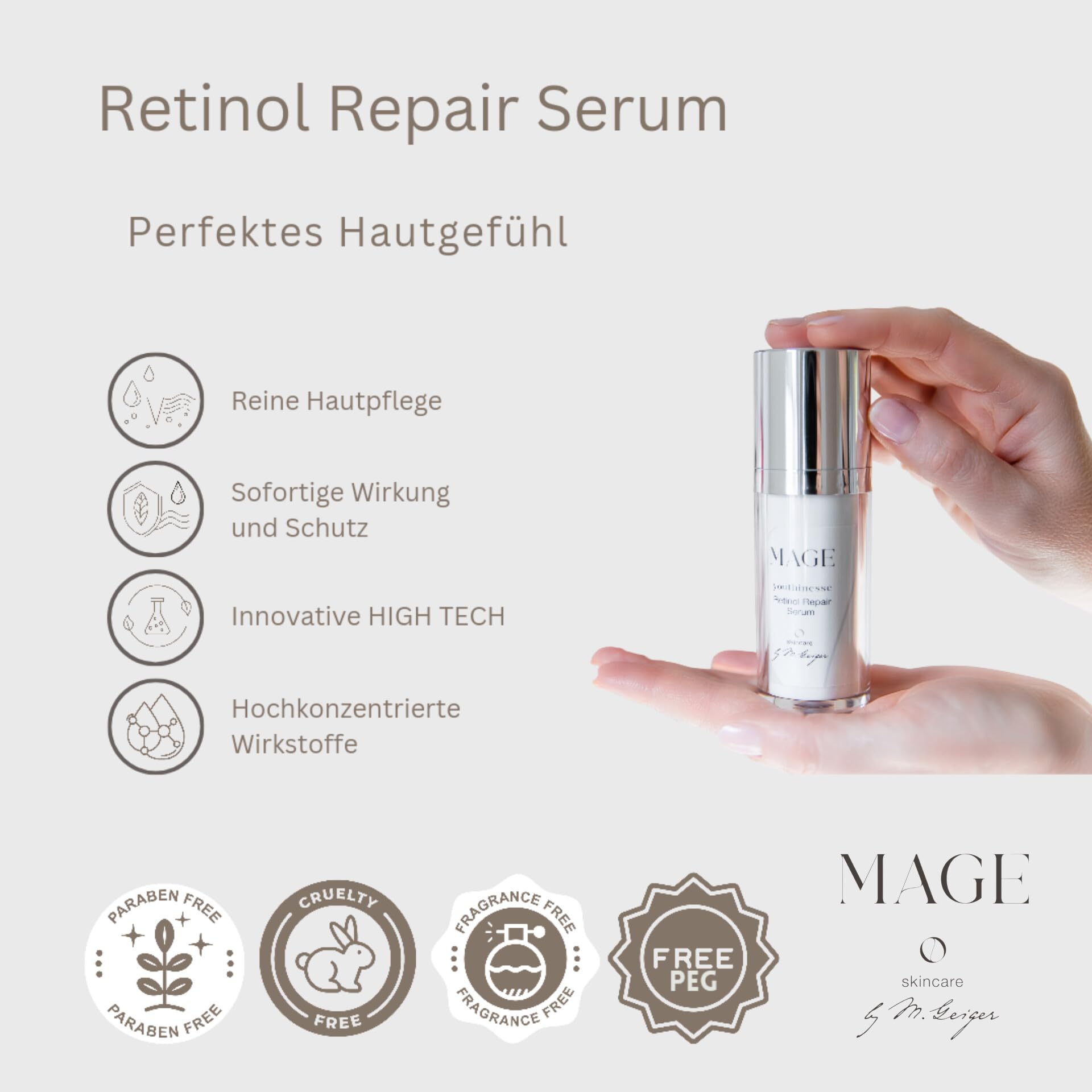 MAGE Sérum réparateur au rétinol - Sérum visage anti-âge avec vitamine A - Soin du visage pour réduire les rides - Pour une peau lisse - Sans parfum - Végétalien - Fabriqué en Allemagne