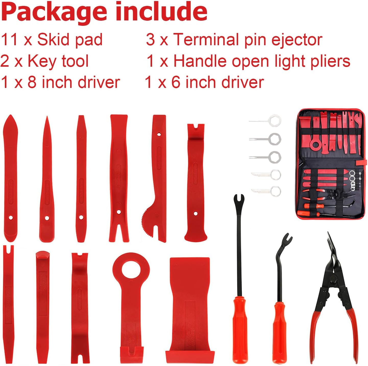 Trim Removal Tool Set – 19-Piece POM Nylon Pry Bar Kit for Car Door Panel & Dashboard, Anti-Scratch Clip Remover with Storage Pouch, Professional Auto Repair Tools (Red)