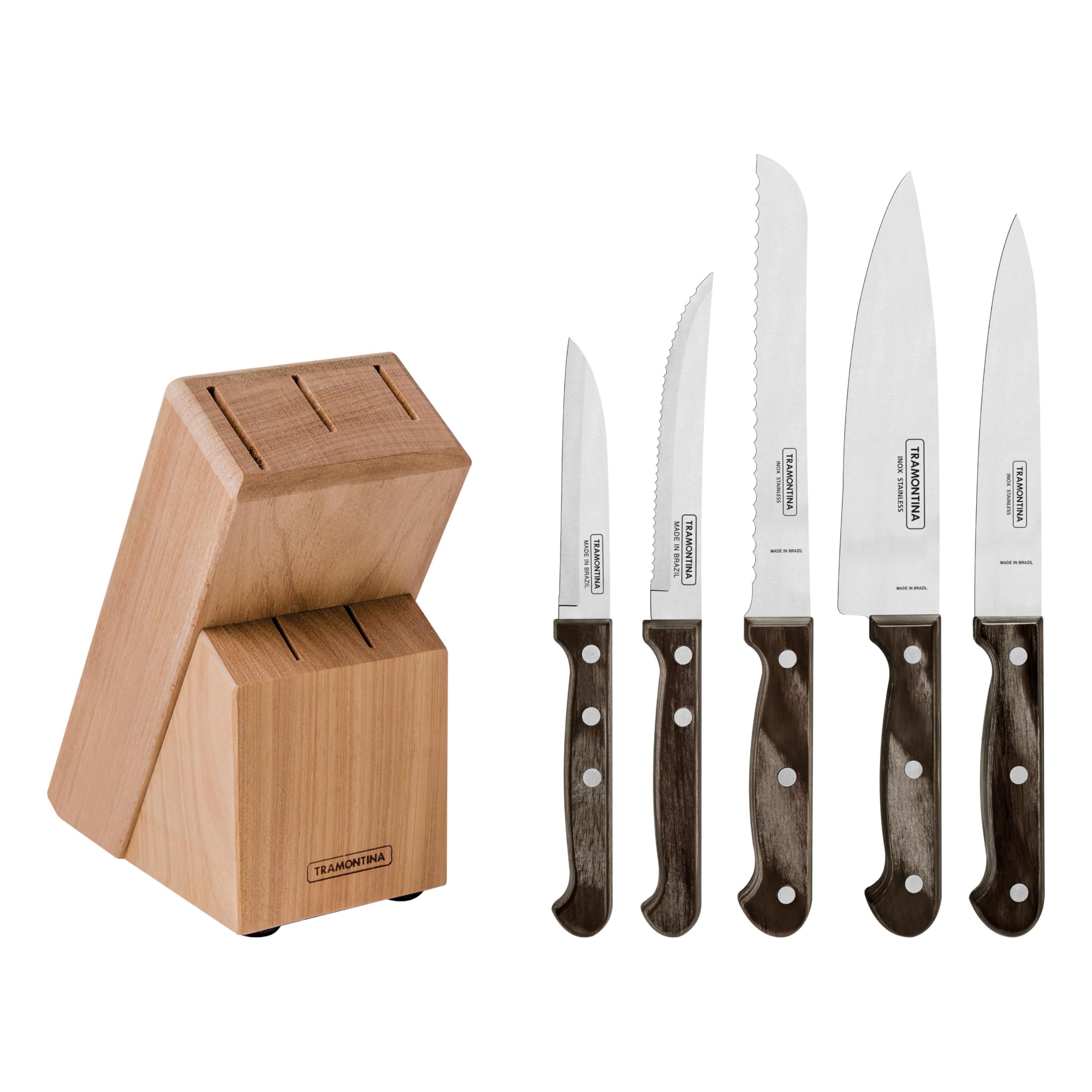 Tramontina 6 Piece Brown Handle Knife Set with Knife Block