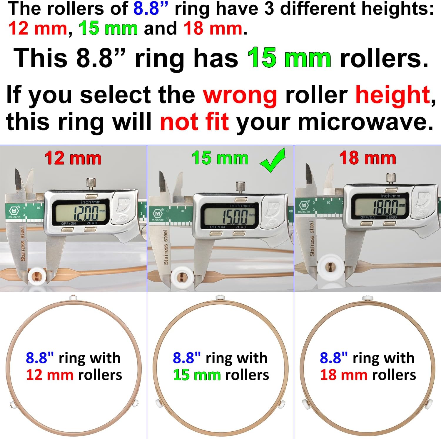 8.8 Microwave Turntable Ring with 15 mm Rollers, Microwave Oven Tray Support, Glass Plate Rotating Roller Ring, Ring Outer Diameter 8.8 inch (22.2 cm), Roller Height 15 mm