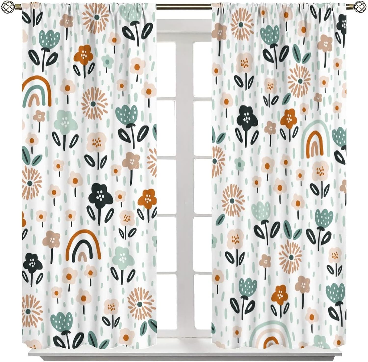 Kids Rainbow Window Curtains Cute Cartoon Rainbow Raindrop Floral Pattern Bohemian Style Girls Boys Bedroom Living Room Children's Room Decorative Heat Insulation Blackout Curtains52x84in