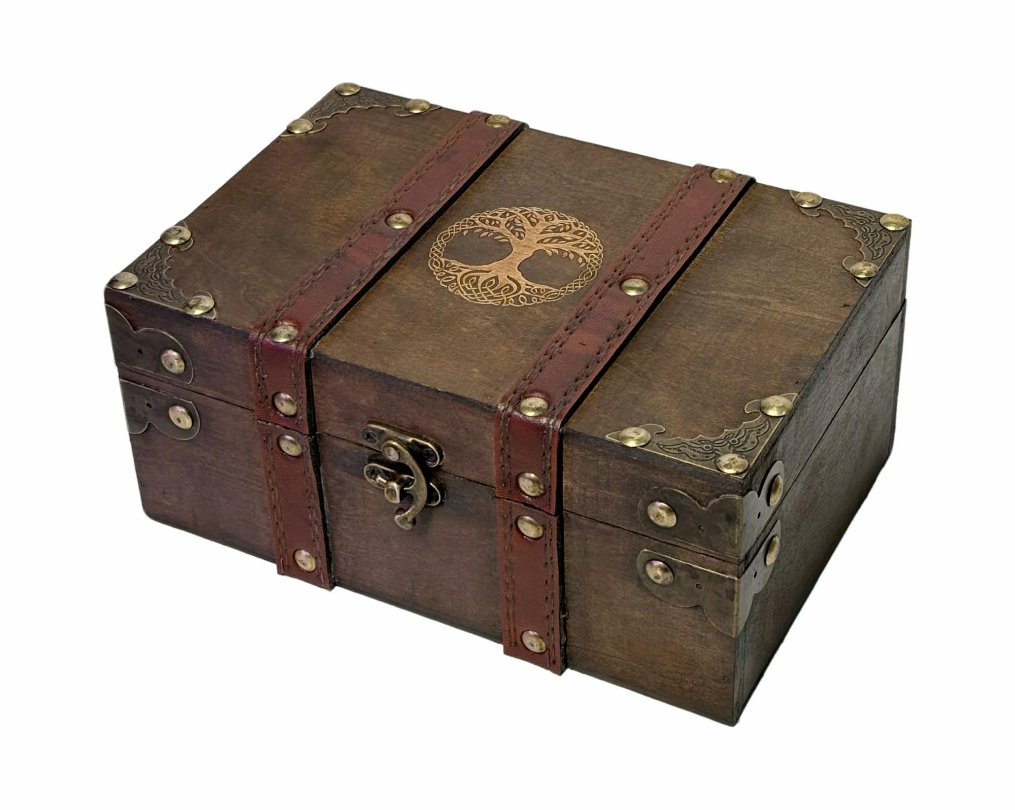 vuagmiv Wood and Leather Chest Box, Tree of Life Engraved Wooden Box with Velvet Lining, Yggdrasil Wiccan Supplies and Tools Storage Box and Keepsake Box