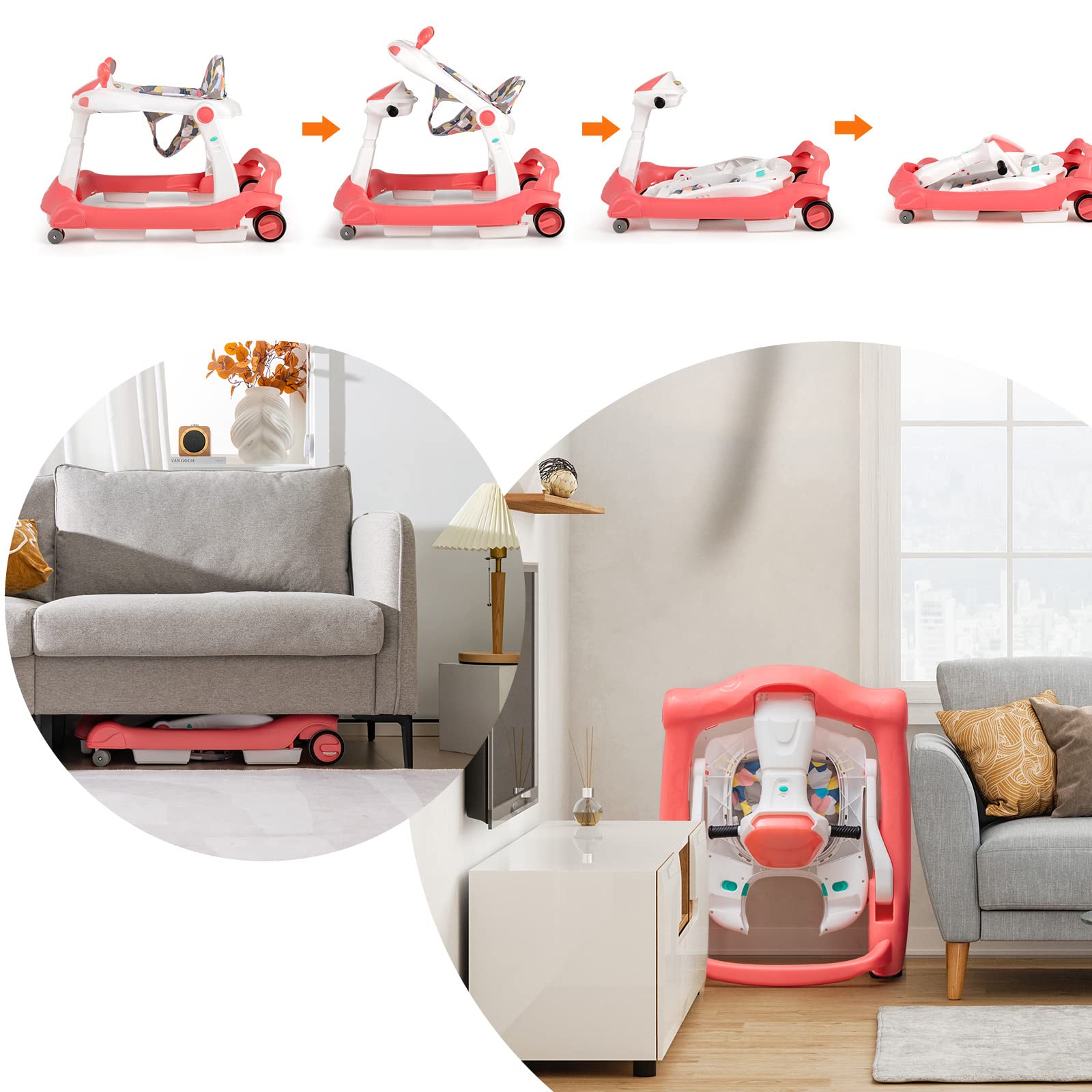 LIFEZEAL Andador 2 en 1, Caminador Plegable con Altura Ajustable 50,5-54,5cm, Andador con Música y Luz para Bebés de 6-18 meses, Desmontaje con un solo toque (Naranja)