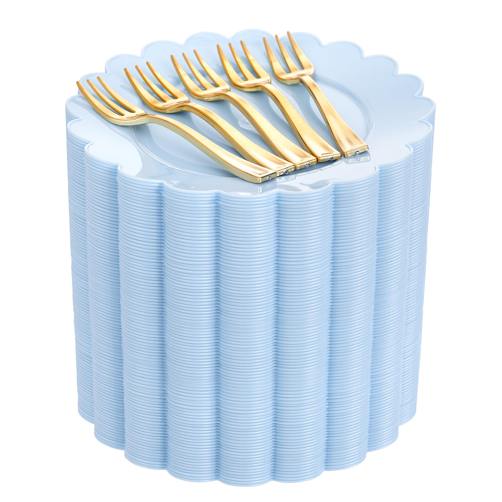 LIYH 200 Pcs Baby Blue Plastic Plates and Gold Forks Blue Dessert Scalloped Disposable Cake Plate- 7.5 Inch Premium Hard Appetizer Cake Plastic Plates