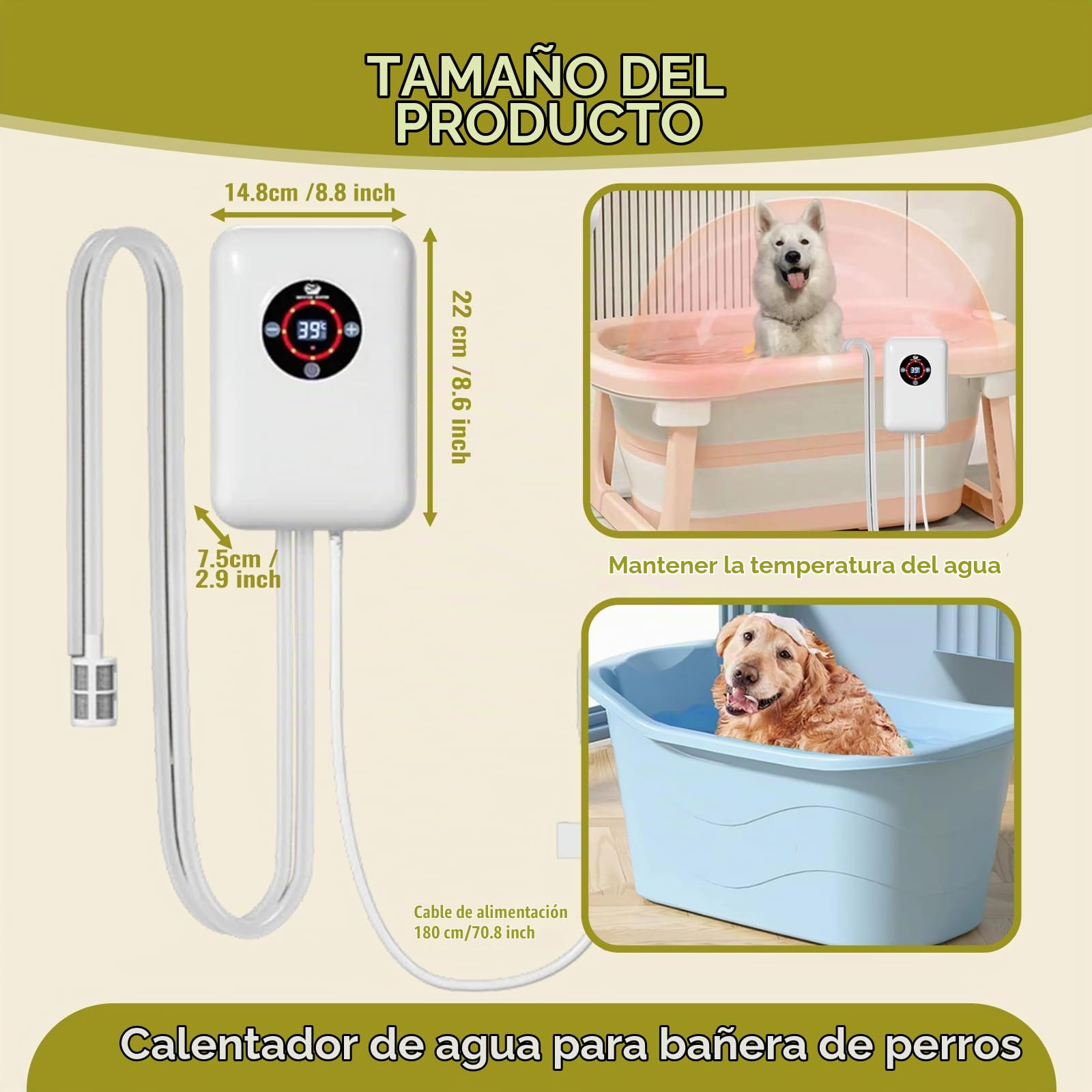 Calentador Agua Electrico, Mantener La Temperatura Entre 16 Y 43 °C, para Piscina Perros, Perros Pequeños Y Medianos Piscina Plegable, Bañera InflableWhite,8.6 * 5.8 * 2.9 Inch