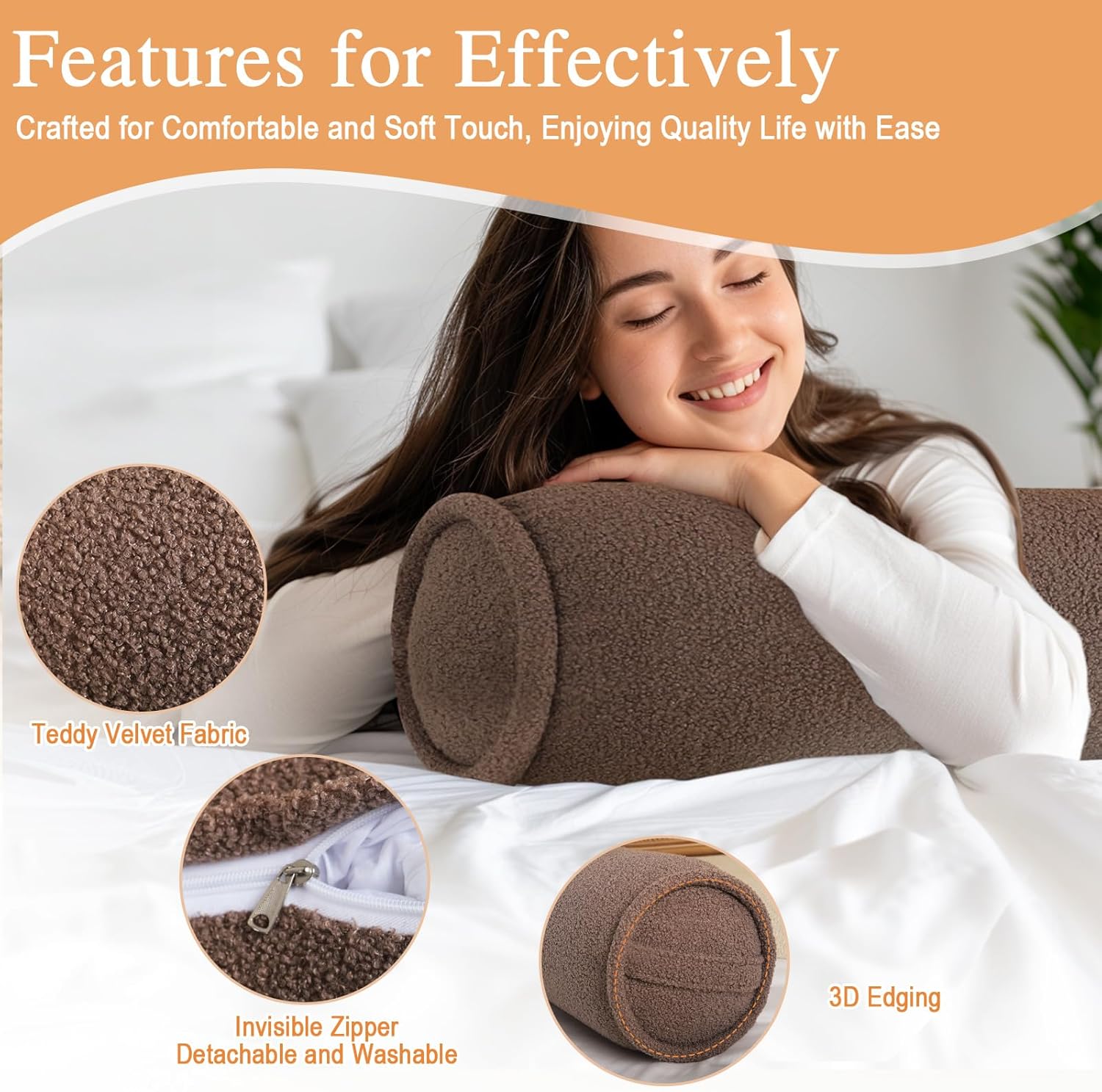 Konelia Body Pillows for Adults Neck roll Pillow for Sleeping Bolster Bed Pillow Decorative Cervical Long Cylinder Pillows for Knee Leg Neck, Coffee, 39.4"x7.9"