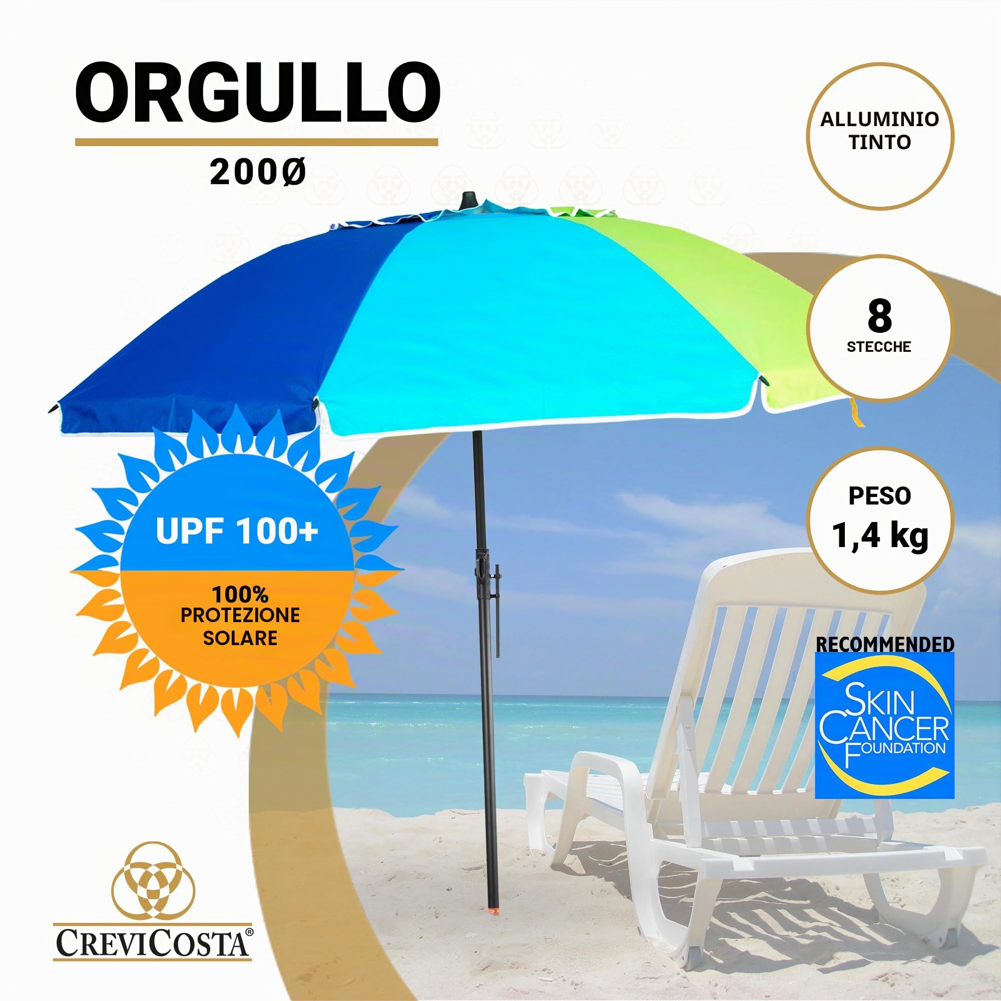 Ombrellone da spiaggia modello 200 cm con spirale e palo di viaggio totale. 8 aste di protezione totale contro i raggi UV