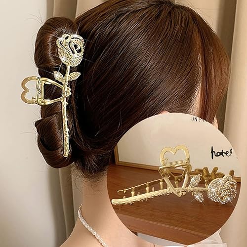 Pinzas de metal grandes para el cabello de rosa con clip de garra de flores de diamantes de imitación para el tocado en forma de corazón pinzas