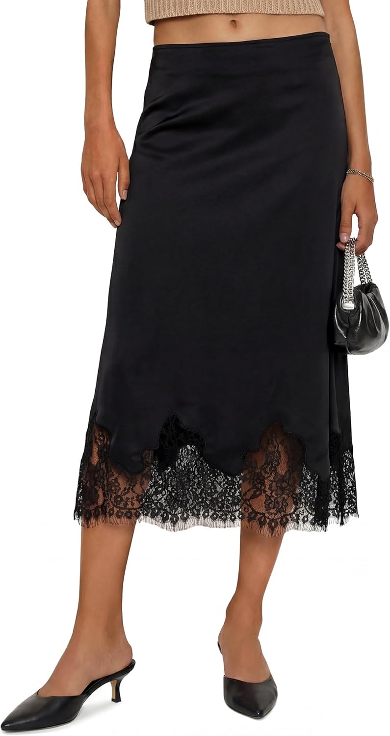 Cicy Bell Womens Silk Satin Midi Skirts Casual Dressy Lace Hem High Waisted A-Line Skirt Elegant Party Cocktail Outfit