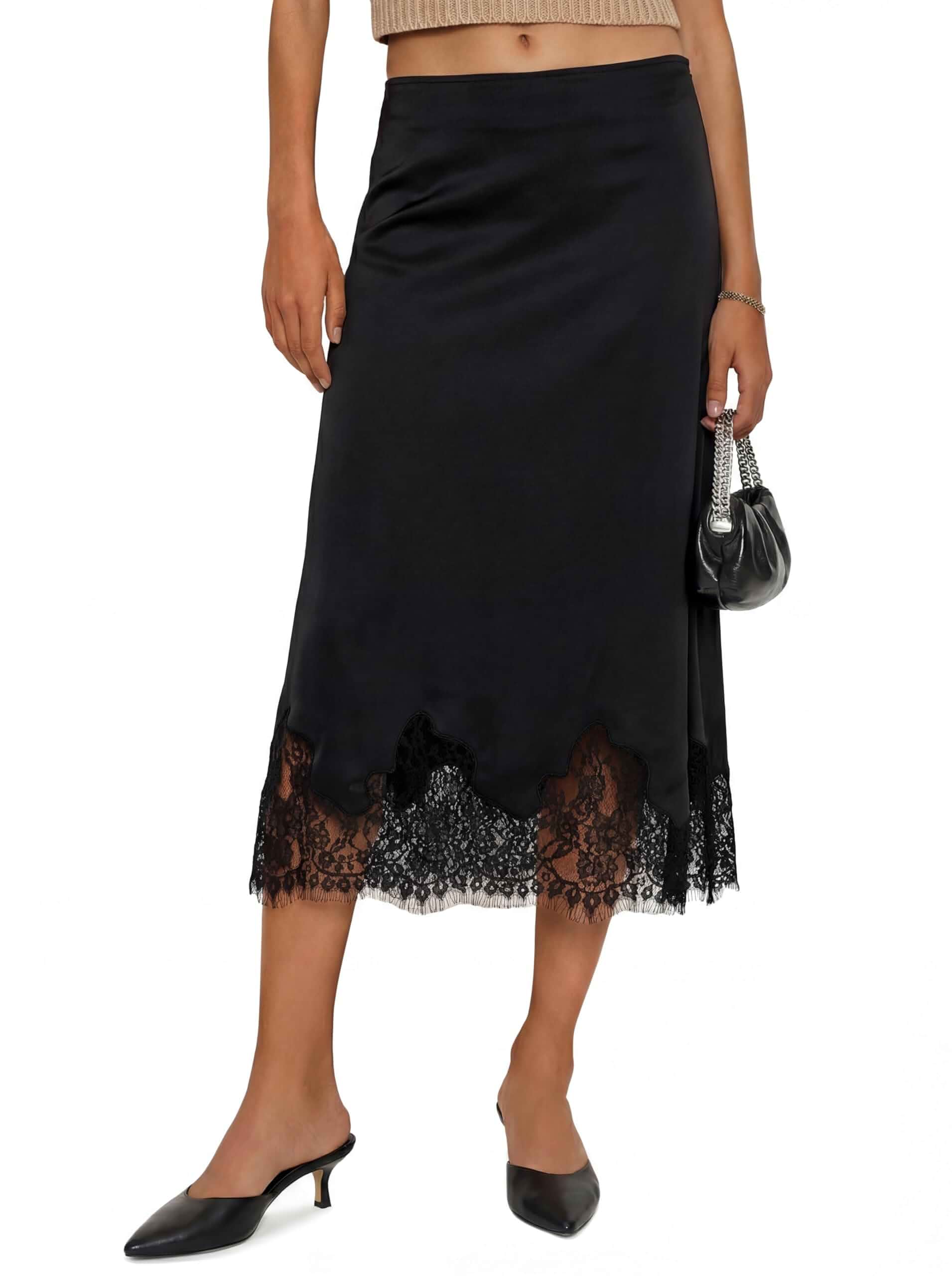 Cicy Bell Women Silk Satin Midi Skirts Casual Dressy Lace Hem Elegant Skirt High Waist A-line Midi Skirt,Lace Hem & Hidden Side Zipper,Elegant Silhouette for Office,Dating,Cocktail Parties,All Seasons
