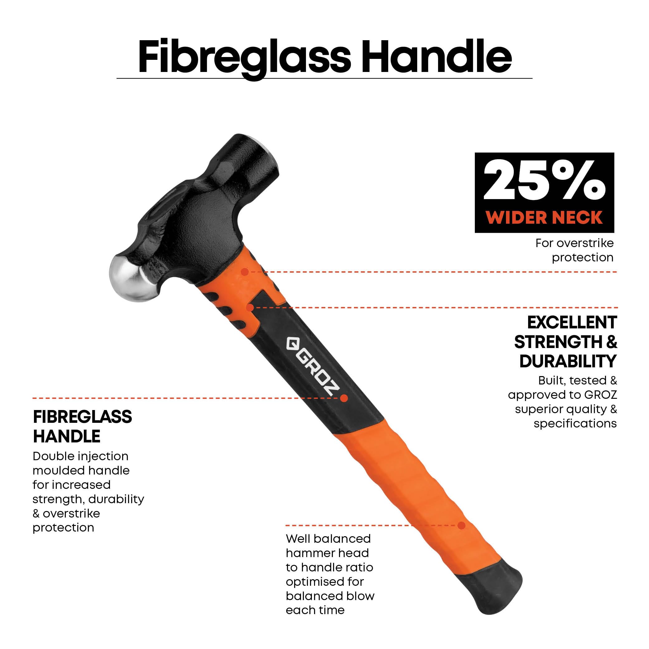Groz Ball Pein Hammer, 226 gms 12" Fibreglass Handle with Overstrike Protection | 25% Wider Neck | Ball Pein Hammer for Bending, Shaping, Nailing | BPFG/8/12 (226 gms | 12" Handle)