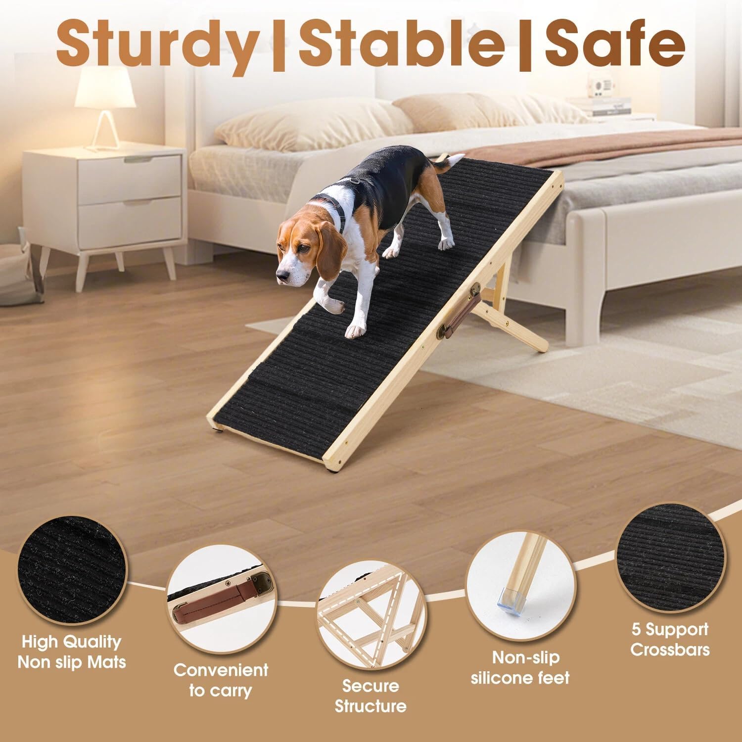 Dog Ramp for Couch, Wooden Dog Ramp for Low Bed,Sofa,Stairs , 6 Adjustable Height from 12'' to 22, Portable Stable Pet Steps with Non-Slip Pad for Small Medium Dogs Old Dogs & Cats, up to 90 lbs