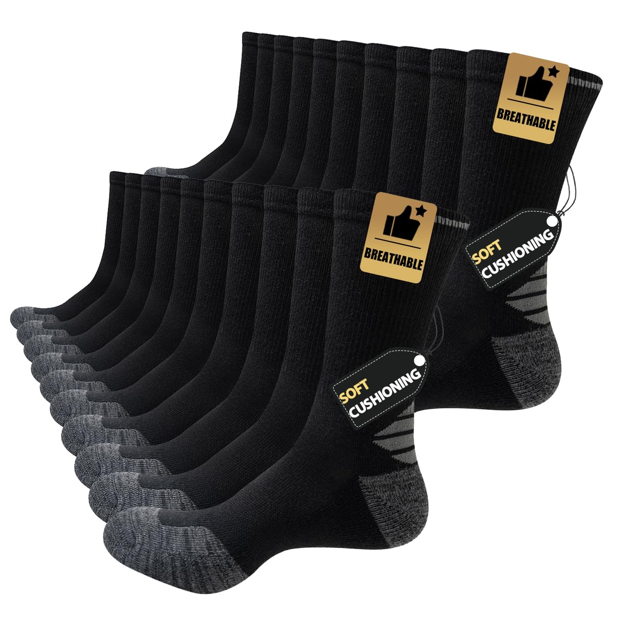 JOYNÉE 5/10 Pairs Mens Lightweight Long Cushion Work Socks Casual Breathable Crew Athletic Socks for Workout Sports Black(10 Pairs) Large