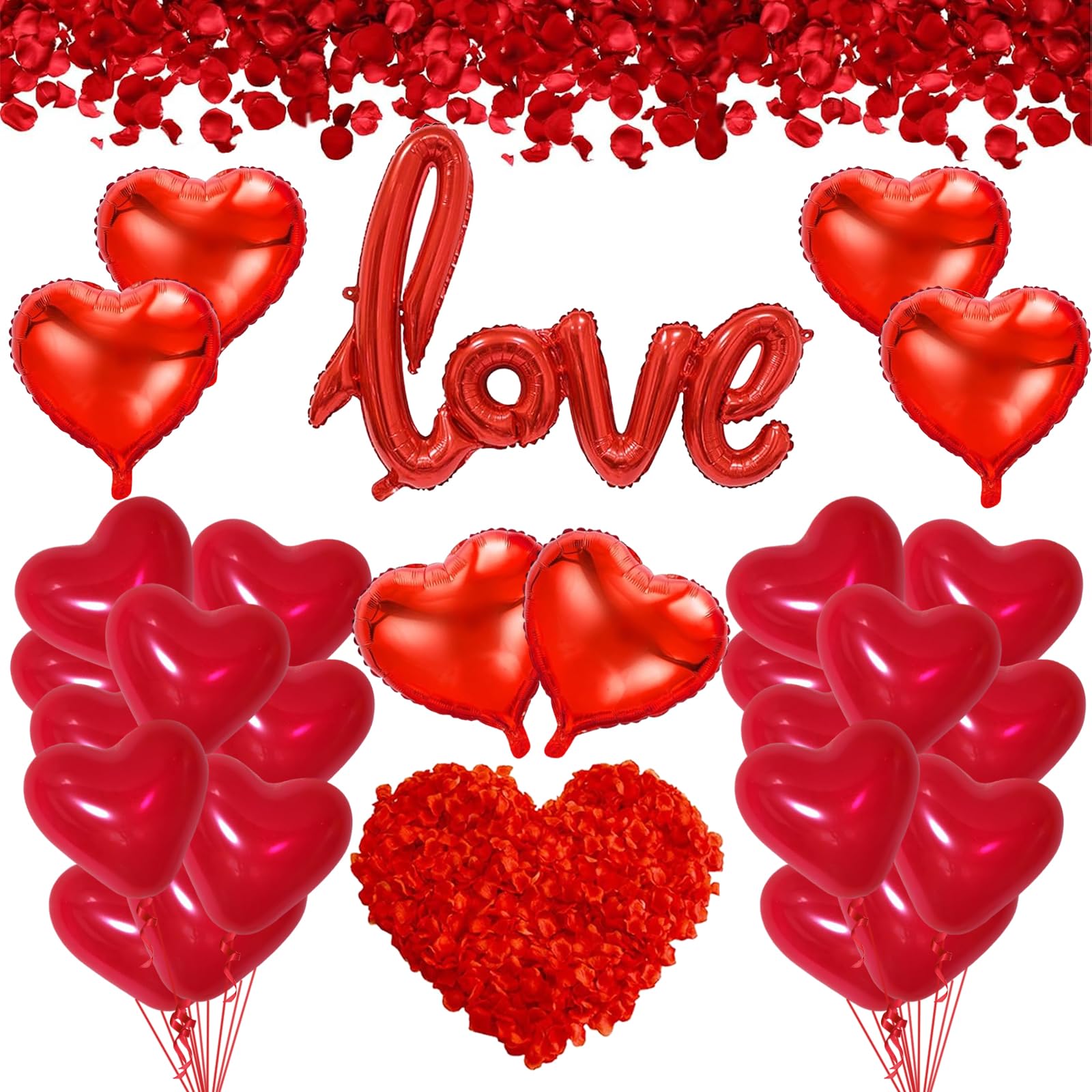 Kit de Decoración San Valentín, Decoración Romantica, Pétalos de Rosa Artificiales, Globos LOVE, Globos Corazón Rojo, Foil Globos, para Decoración para Bodas, San Valentín y Compromiso