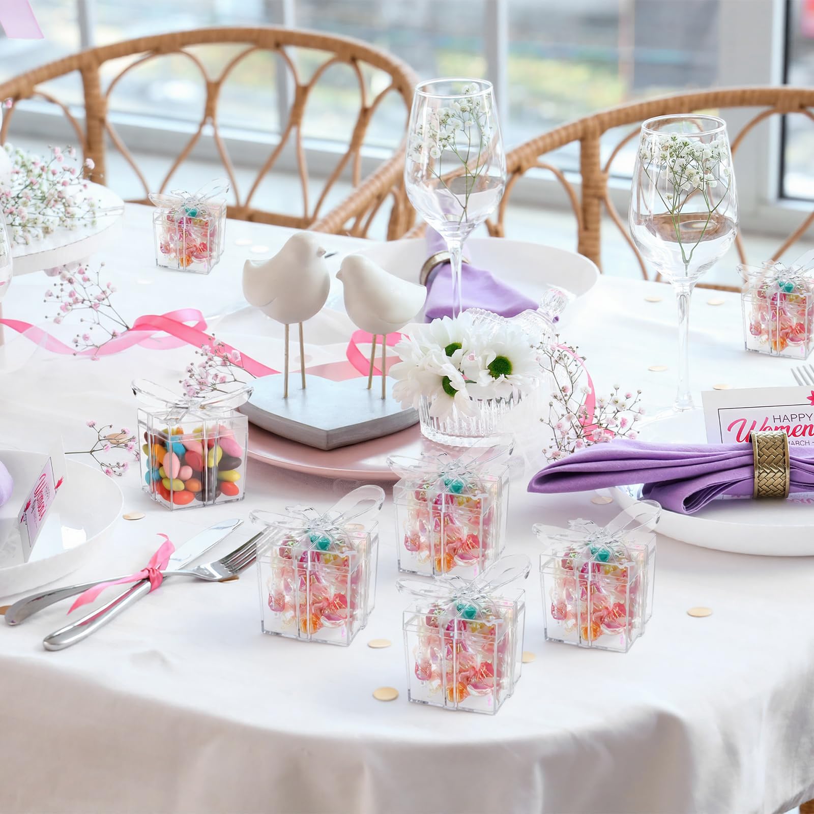 Potchen Transparente Geschenkboxen mit Schleife, 5,1 x 5,1 x 5,8 cm, transparente Geschenkboxen aus Kunststoff, kleine Süßigkeitenbehälter für Hochzeit, Weihnachten, Babyparty, Geburtstag, Party